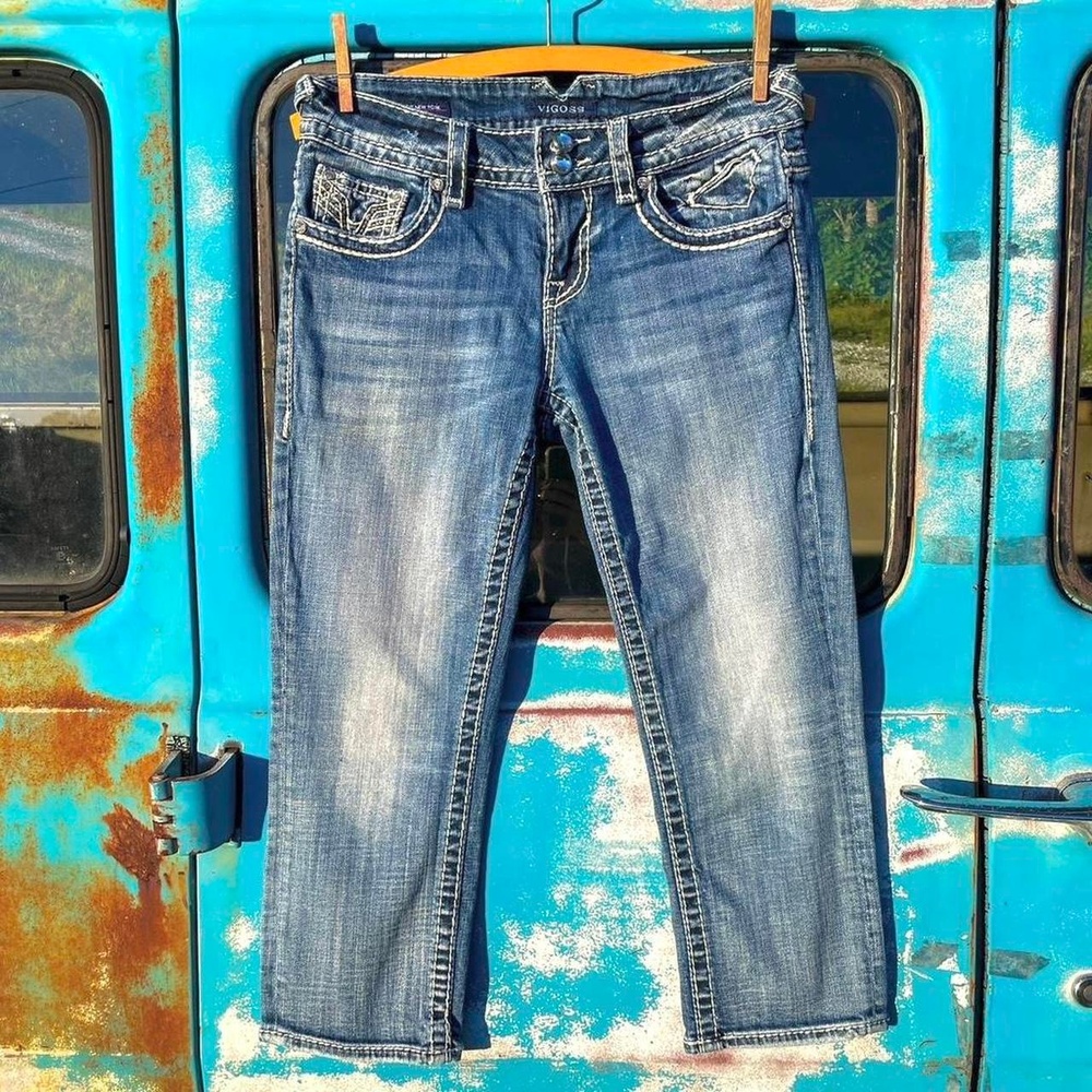 Y2K Vigoss capri denim jeans w/ heavy rhinestone pockets Women’s size 5 / 6